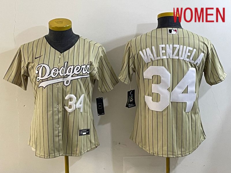 Women Los Angeles Dodgers #34 Valenzuela Green Stripe Game 2024 Nike MLB Jersey style 2->women mlb jersey->Women Jersey